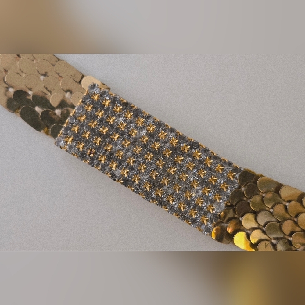 80s Vintage Gold Metal Mesh Belt w/ Rhinestone Buckle Disco Glam - Picture 10 of 12
